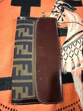 Fendi Brown Leather and Tan Zucca Long Wallet